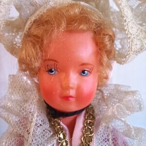 Vintage Antique French Celluloid Doll Ethnic Costume Lavender Dress Lace 10in
